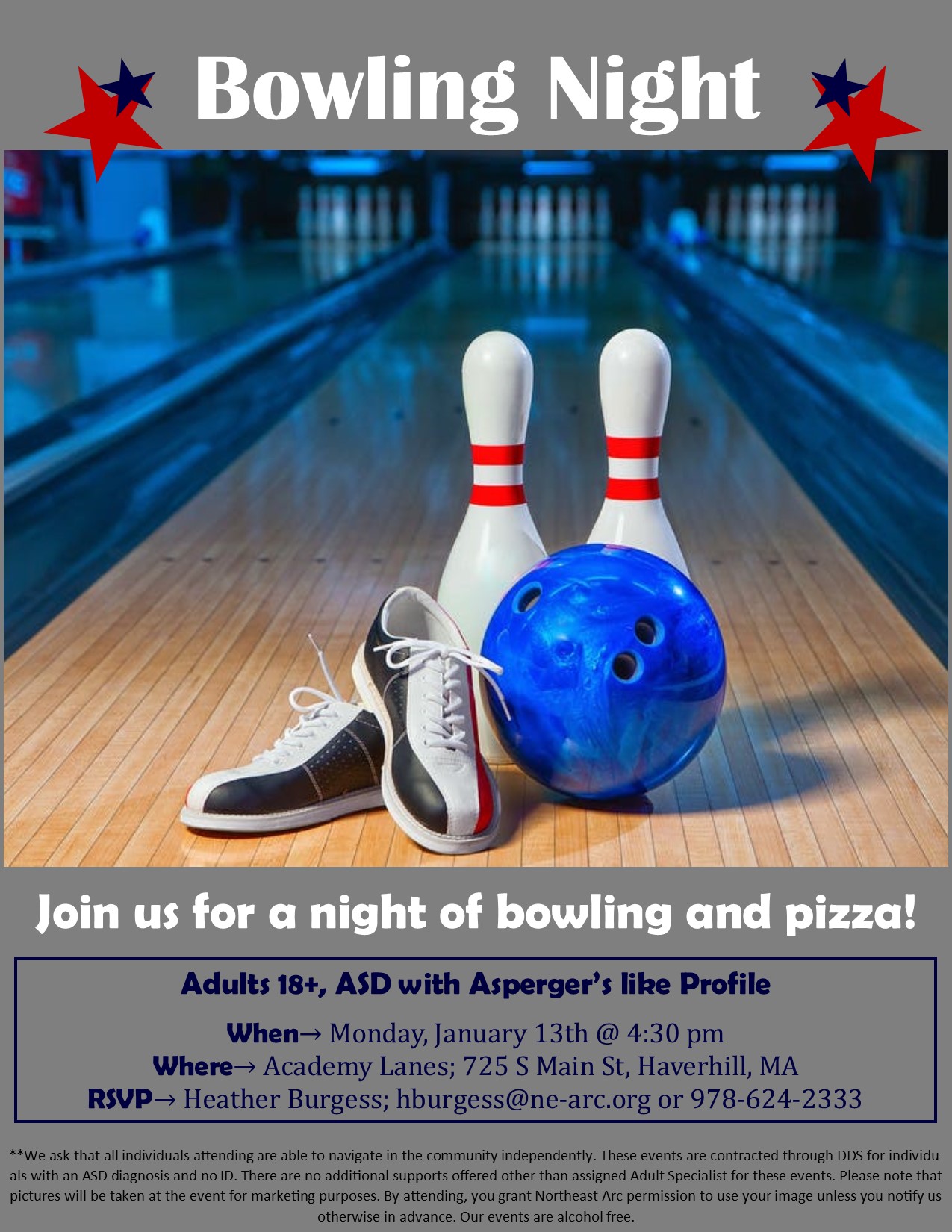 Flyer for January 13th bowling night