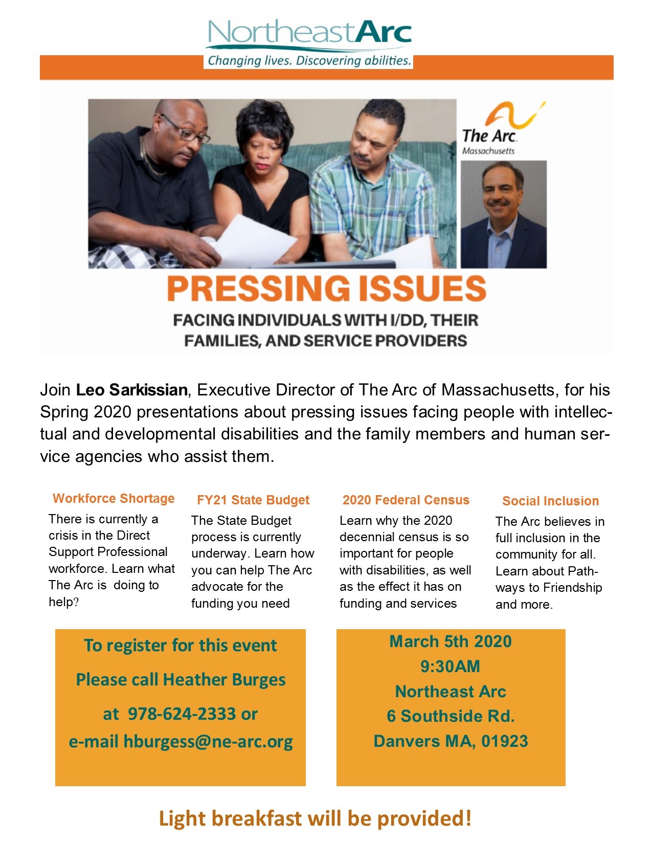 Pressing Issues with the Arc of Massachusetts; March 5th at 9:30 am, Northeast Arc 6 Southside Road Danvers MA