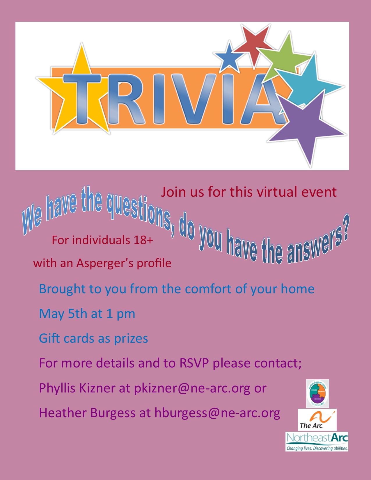 Flyer for Trivia Event for Adults with Asperger's Profile