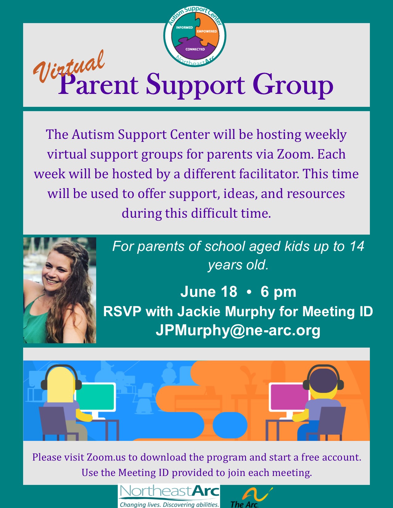 Flyer for Autism Support Center Virtual Parent Support Group Meeting