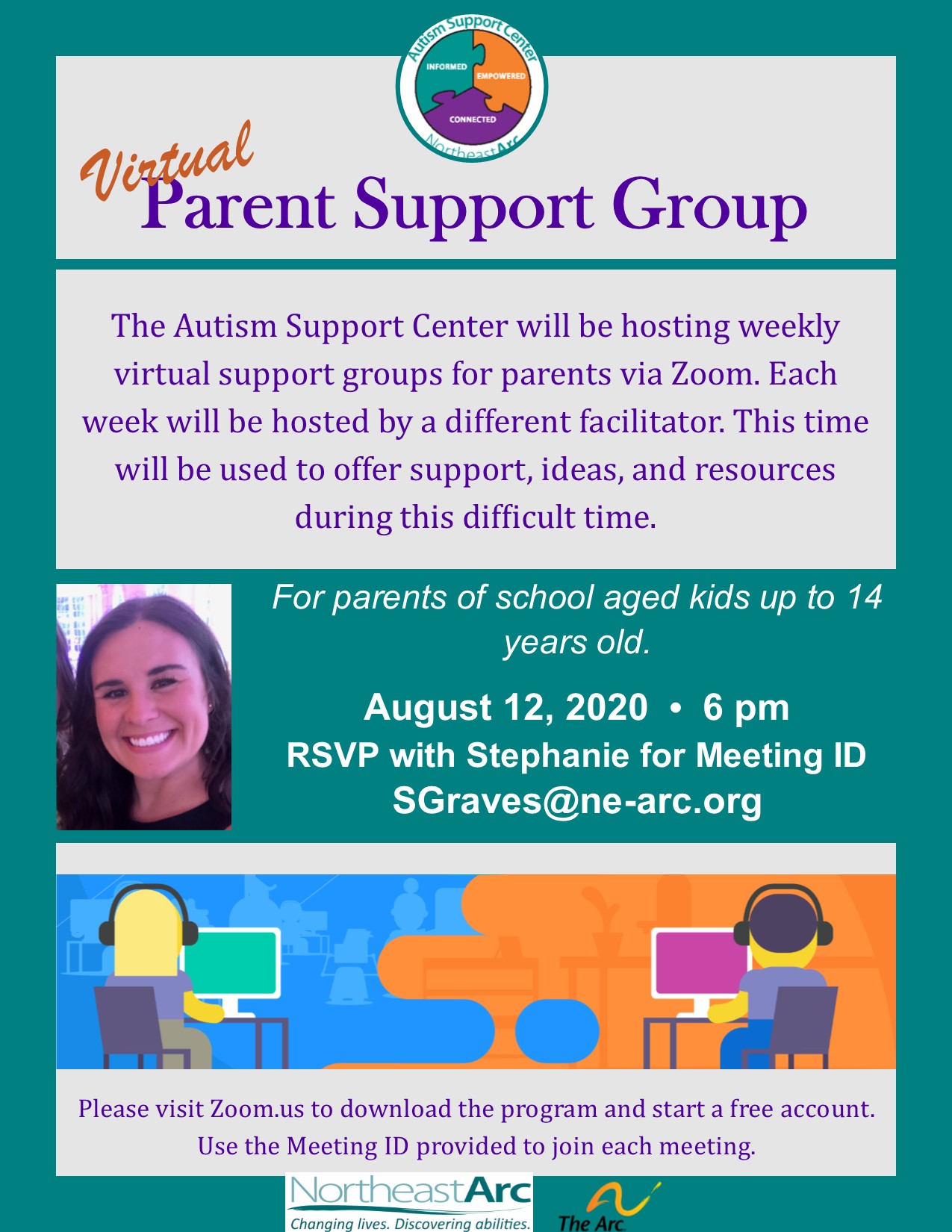 Flyer for ASC Virtual Parent Support Group on August 12 at 6PM
