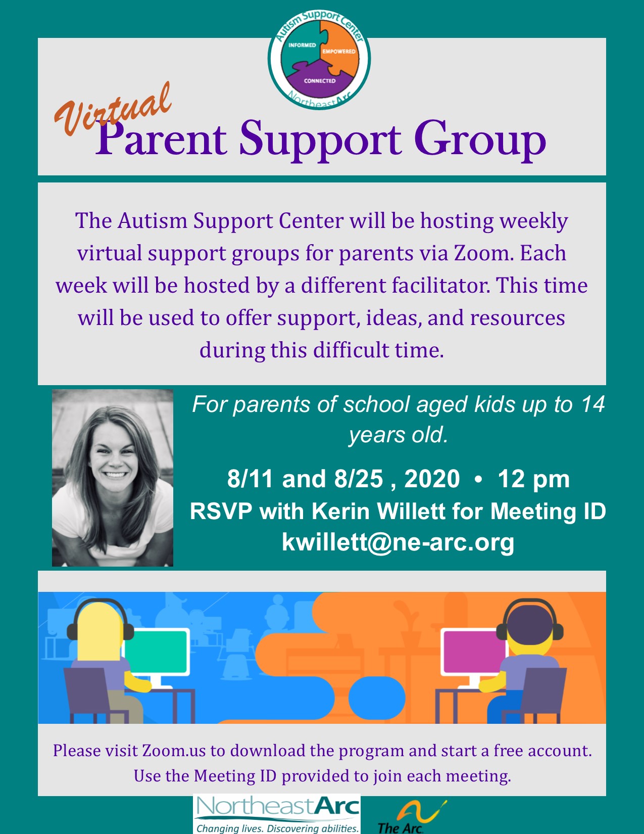 Flyer for Autism Support Center Parent Support Group meeting on August 11 and August 25.