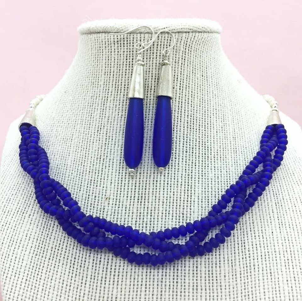 Blue necklace and blue earrings