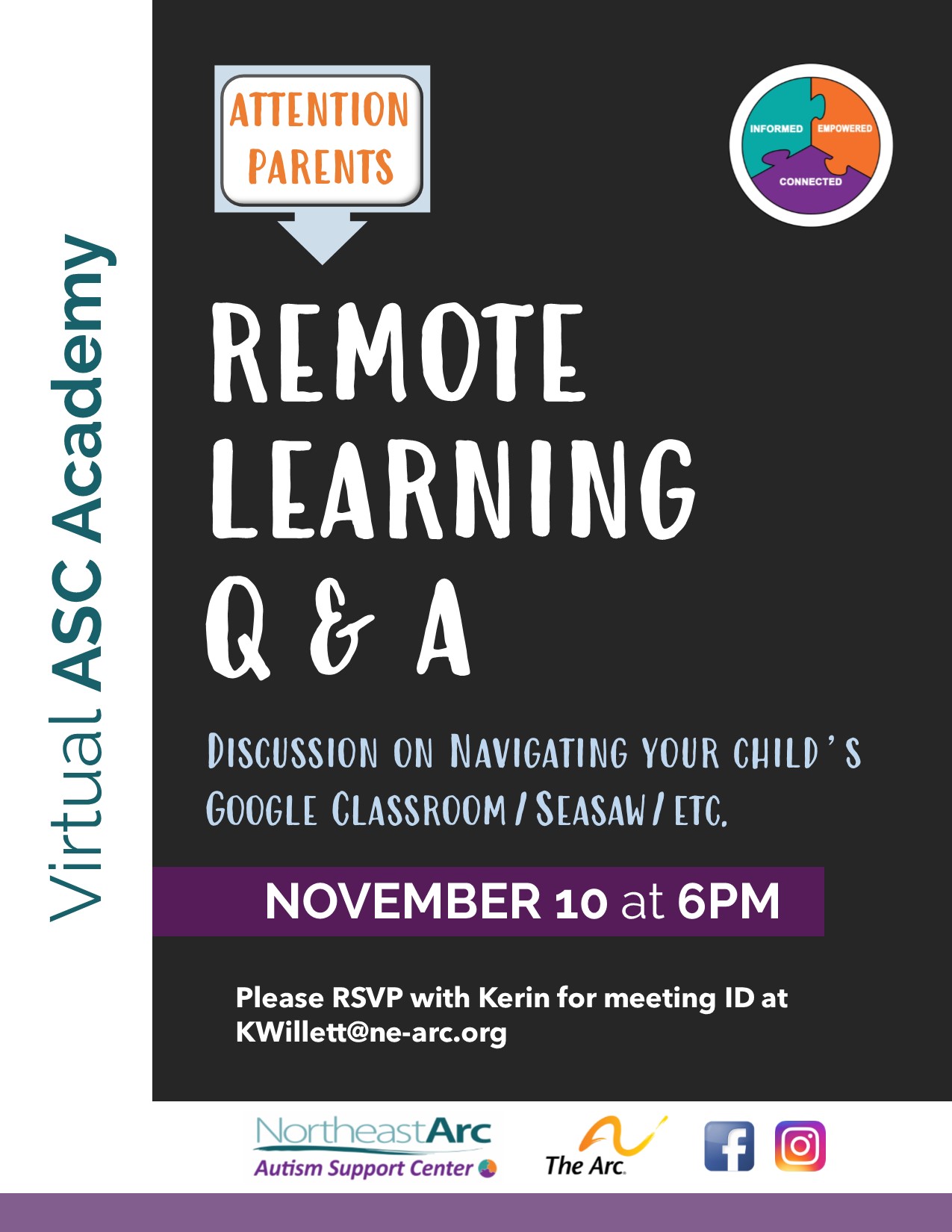 Flyer for ASC Training for Parents on Remote Learning