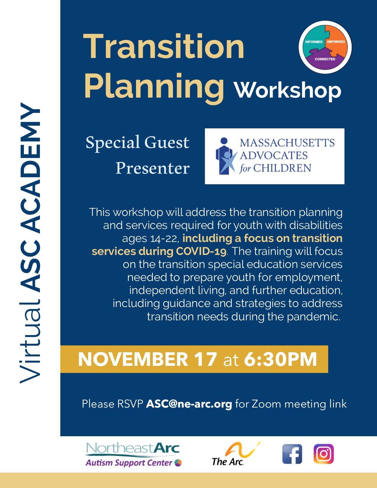 Flyer for Transition Planning Workshop presented by Massachusetts Advocates for Children
