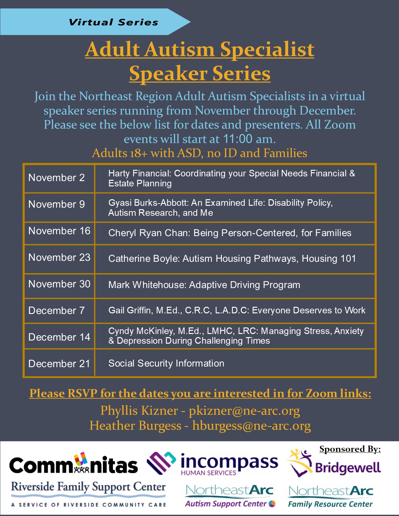 Adult Autism Speaker Series, Mondays at 11am through November and December, RSVP with pkizner@ne-arc.org