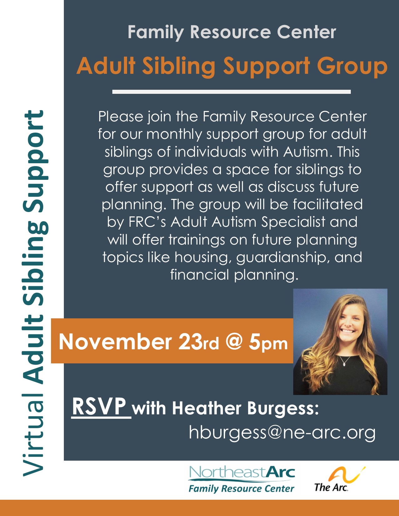Flyer for Adult Sibling Support Group for siblings of individuals with autism, 11/23 at 5pm, RSVP at hburgess@ne-arc.org