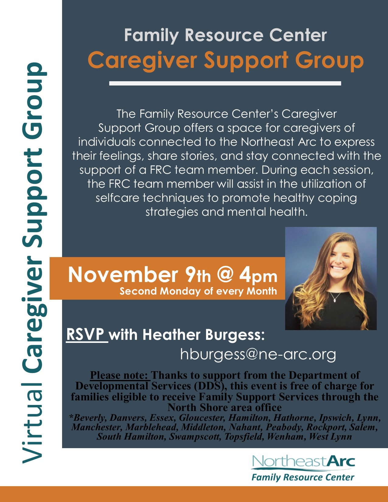 FRC Virtual Caregiver Support Group, second Monday of every Month, 4 pm, RSVP at hburgess@ne-arc.org