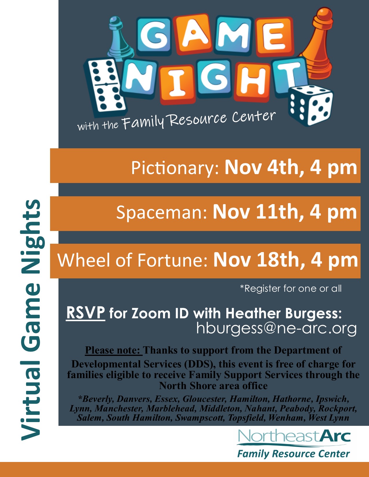 FRC Game Nights; 11/4, 11/11 & 11/18 at 4pm; RSVP with Heather Burgess