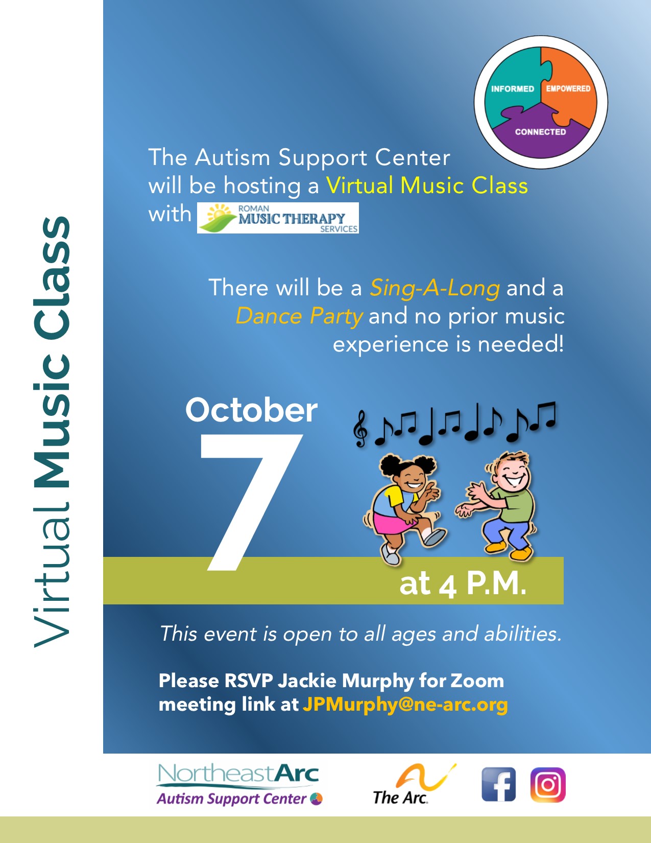 Flyer for Virtual ASC Music Class with Roman Music Therapy: Sing-A-Long and Dance Party
