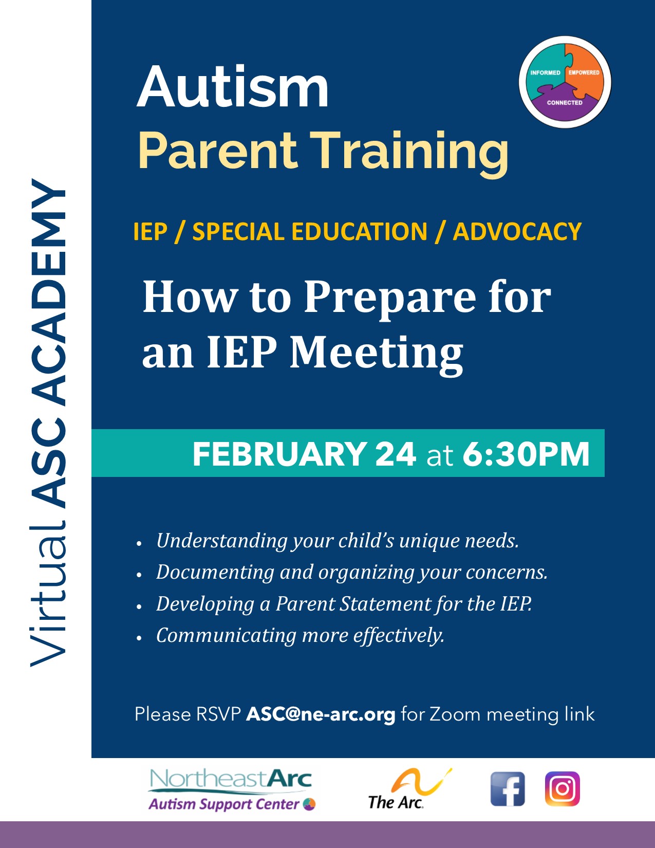 Flyer for Autism Support Center Parent Training on How to Prepare for an IEP Meeting, on February 24 at 6:30PM. Please RSVP the Autism Support Center at ASC@ne-arc.org for Zoom meeting link.