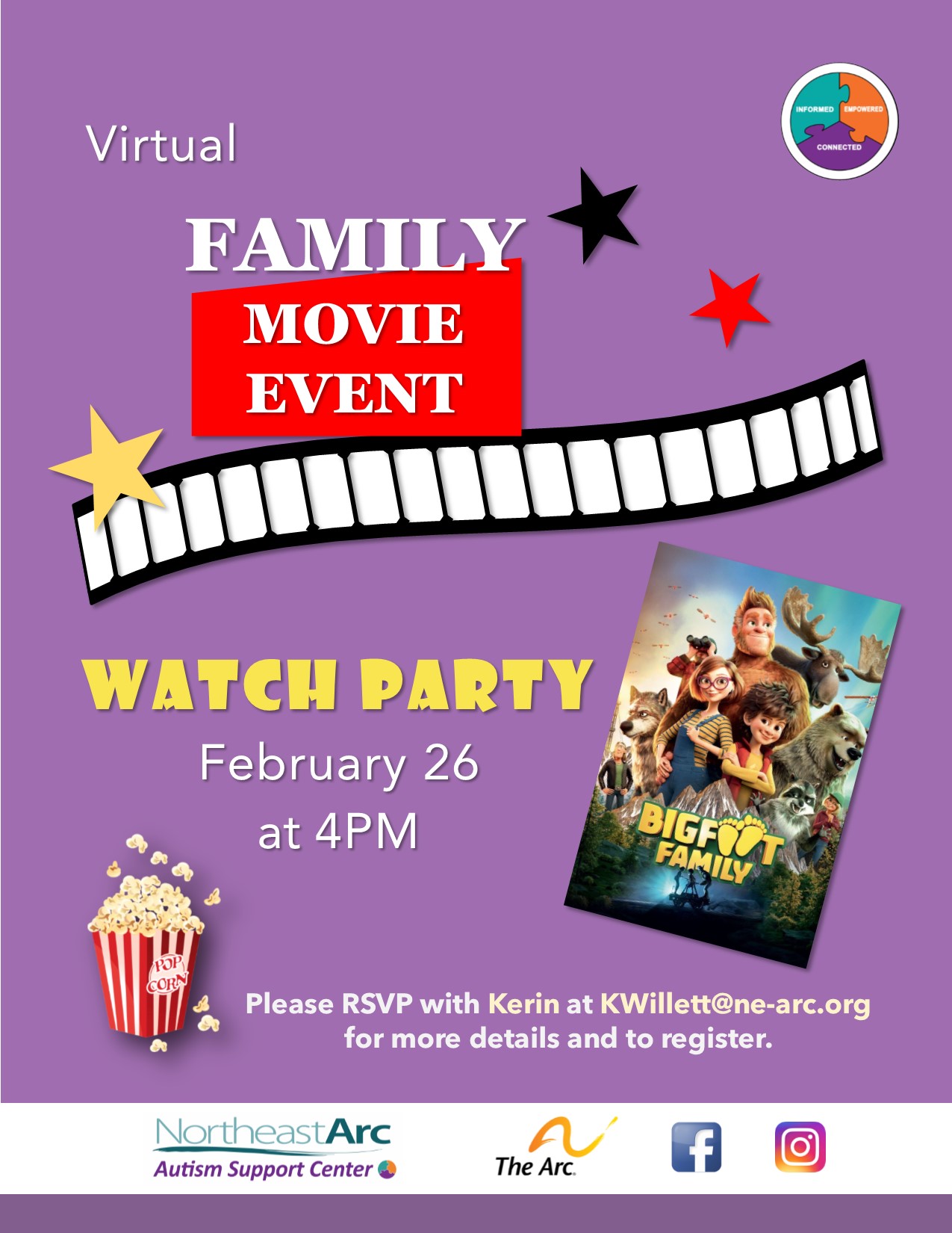 Flyer for Autism Support Center Virtual Family Movie Event Watch Party, featuring the movie BIGFOOT FAMILY on February 26 at 4PM. RSVP Kerin at KWillettT@ne-arc.org for more details and to register.