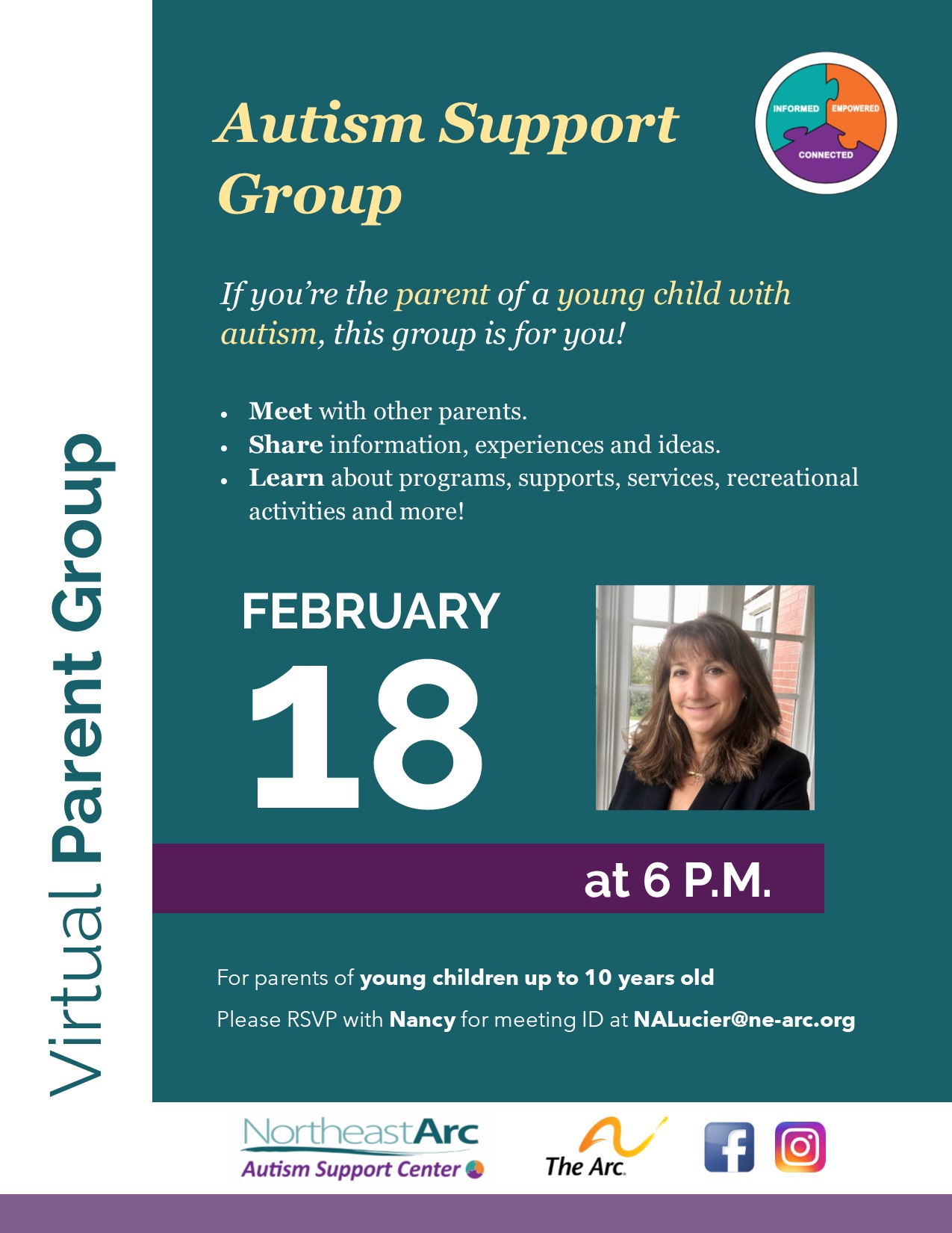 Flyer for Autism Support Center Virtual Autism Support Group for Parents of Young Children with Autism on February 18 at 6PM. RSVP Nancy at NALucier@ne-arc.org for zoom meeting link.