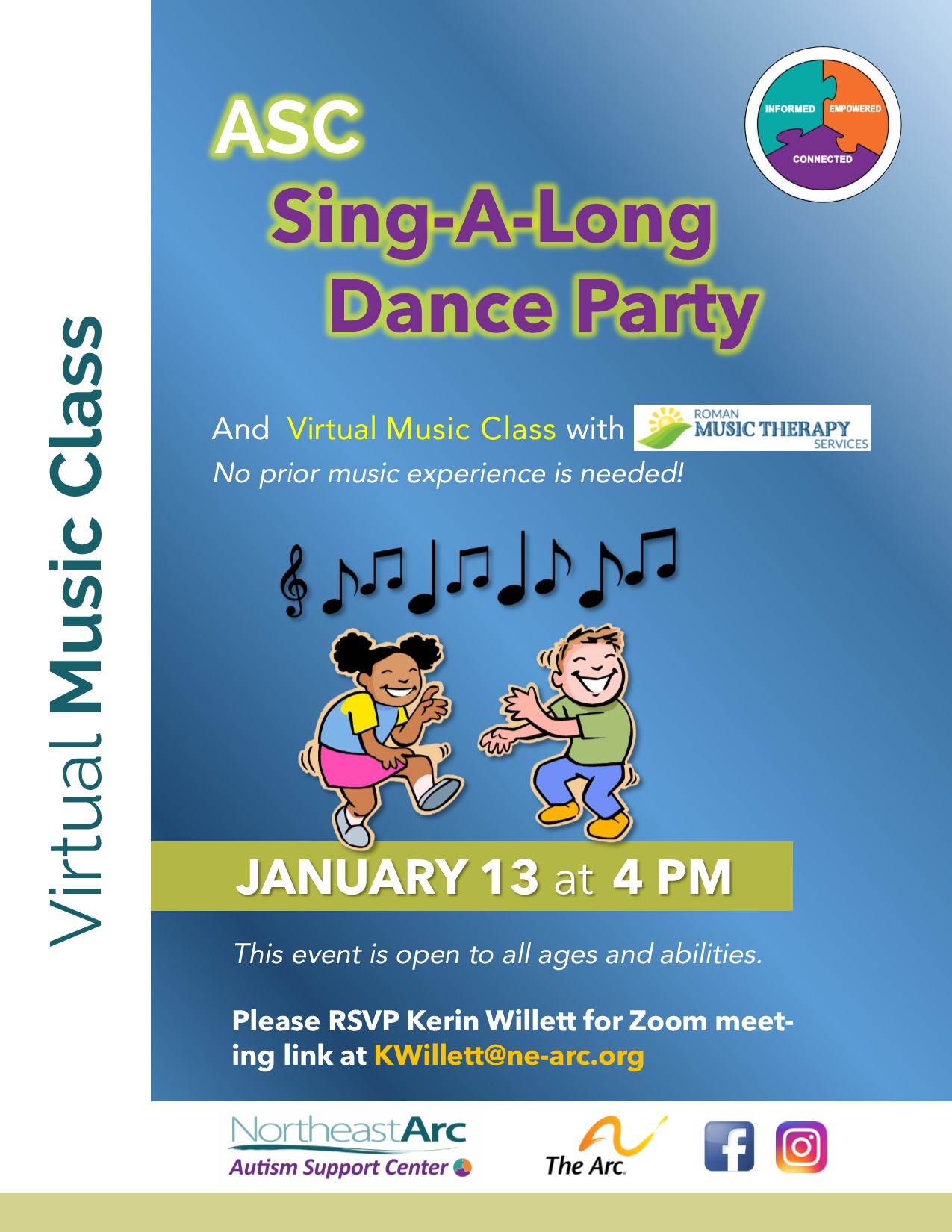 Flyer for Fun Family Event - Sing-A-Long Dance Party with Roman Music Therapy