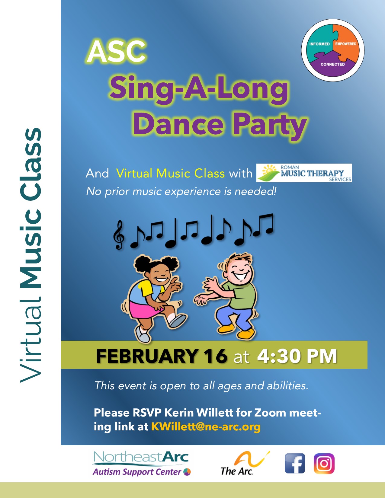 Flyer for Autism Support Center Virtual Sing-A-Long Dance Party on February 16 at 4:30PM. All ages and abilities are welcome. Contact Kerin Willett for Zoom meeting link at KWillett@ne-arc.org.