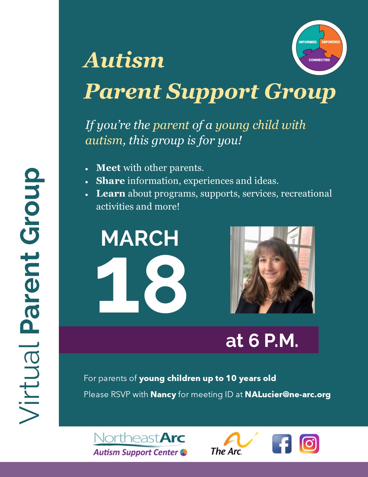 Support Group for Parents of Young Children with Autism. March 18 at 6PM. RSVP Nancy at NALucier@ne-arc.org for meeting ID to attend.