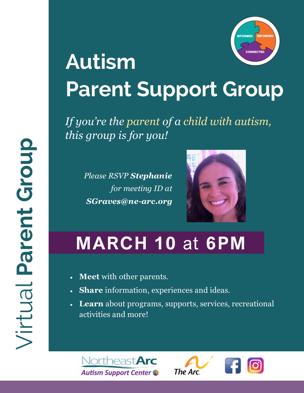 Support Group for Parents of School Age Children with Autism. March 10 at 6PM. RSVP Stephanie at SGraves@ne-arc.org for zoom meeting ID to attend.