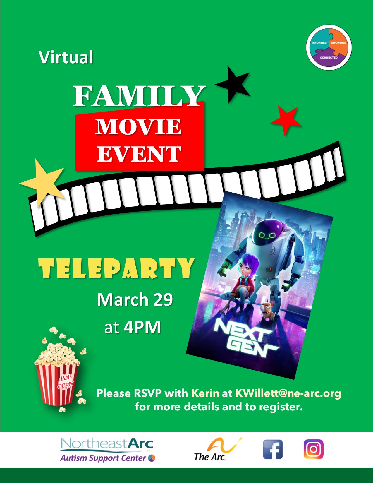 Autism Support Center Virtual Family Movie Event. Teleparty on March 29 at 4PM featuring the movie Next Gen. RSVP Kerin at KWillett@ne-arc.org to register.