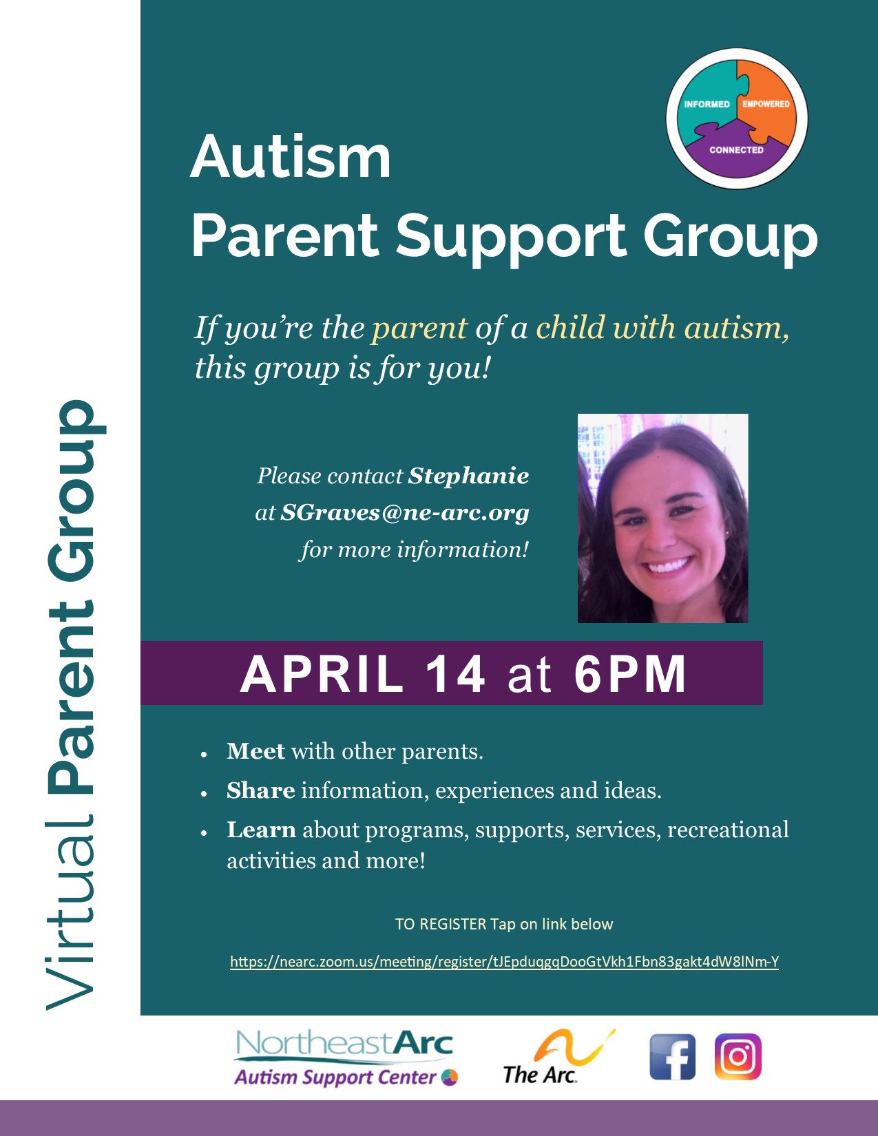 Flyer for an Autism Support Center Parent Support Group facilitated by Stephanie Graves on April 14 at 6PM.