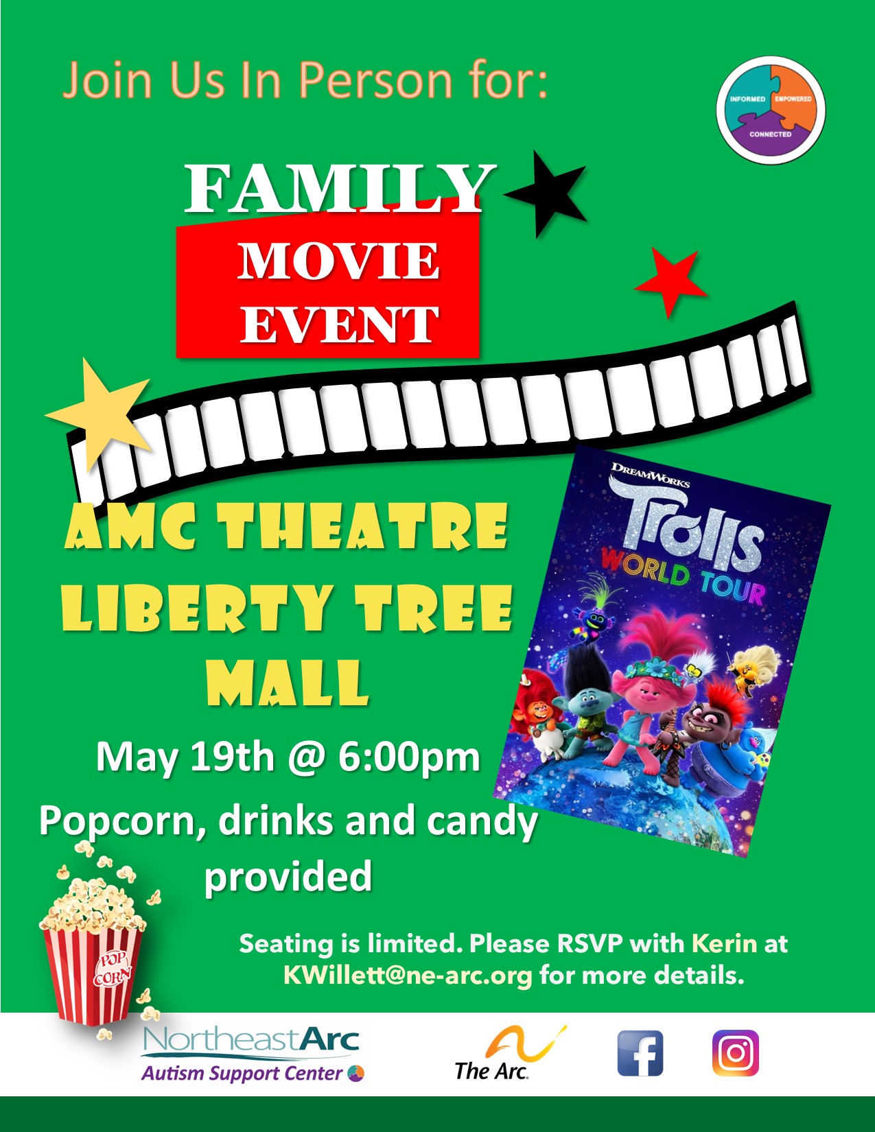 Flyer for an in-person movie event offered by the Northeast Arc Autism Support Center. The movie is Trolls World Tour, playing at the AMC Theater Liberty Tree Mall Danvers. The event is May 19 at 6pm. Please contact Kerin at KWillett@ne-arc.org to register and for more details.